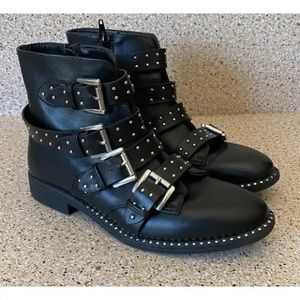 NWOT black zip up booties with buckles and studs